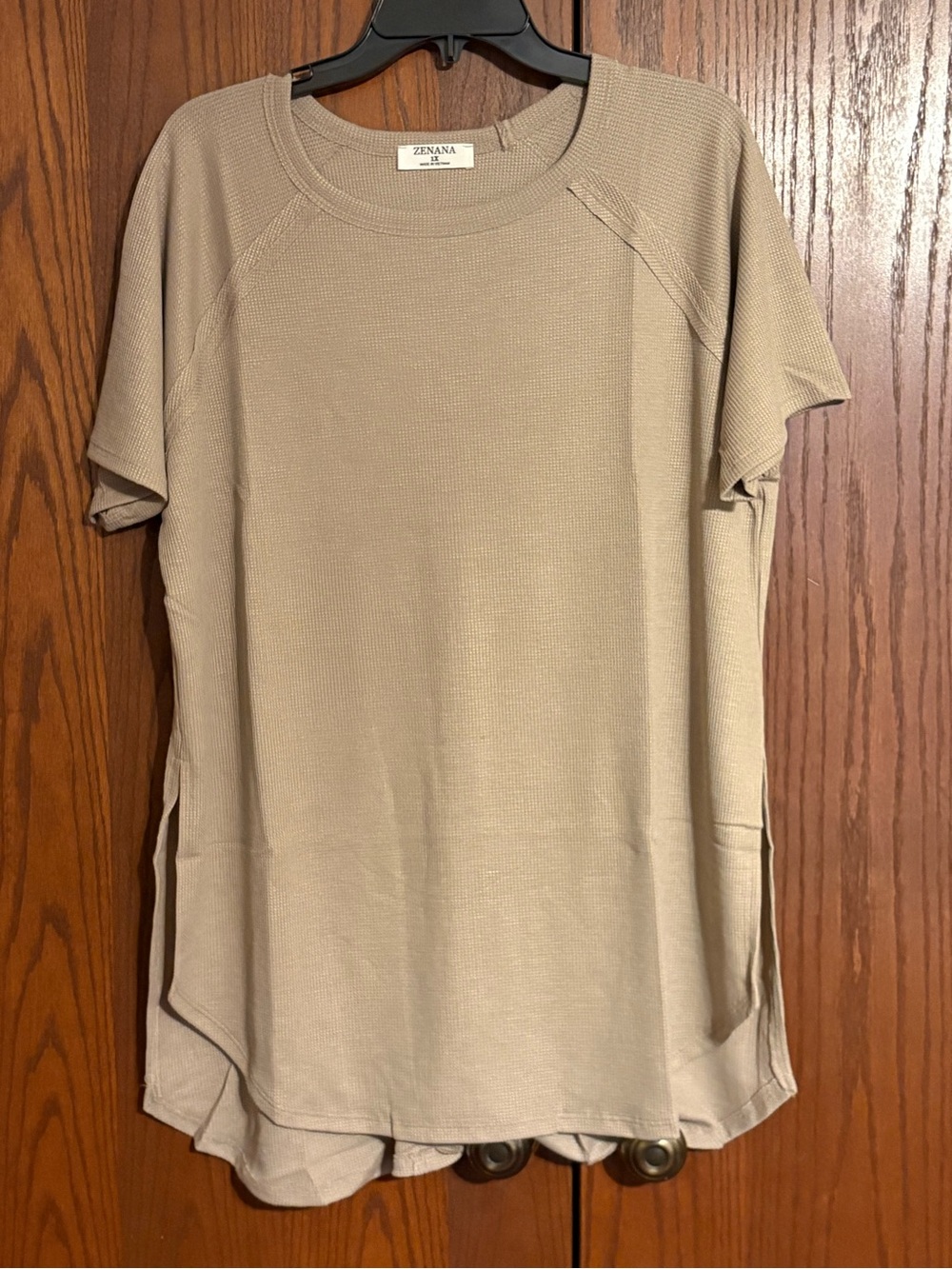 Zenana Outfitters Short Sleeve Waffle Knit Top - Taupe Beige